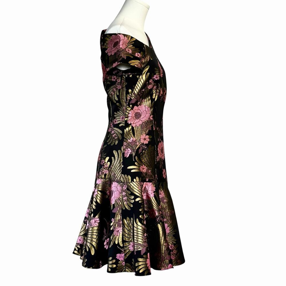Josie Natori Floral Jacquard Dress Off Shoulder Black Gold Pink Fit Flare Size 4 - Picture 6 of 9